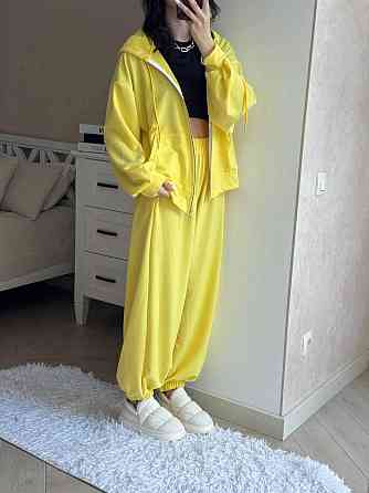 Жіночий прогулянковий оверсайз костюм-двійка: кофта та штани двонитка Жовтий Одеса