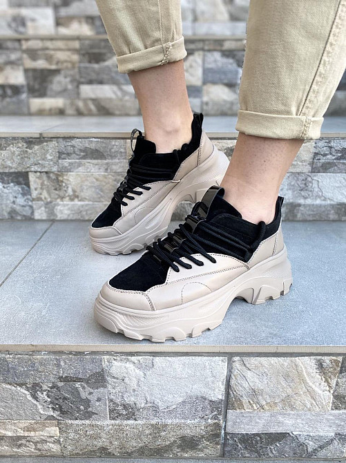 Кросівки жіночі RONE 019 капучіно/чорні (весна-осінь, шкіра+замша натуральна) (2676) 39 Коломыя - изображение 1