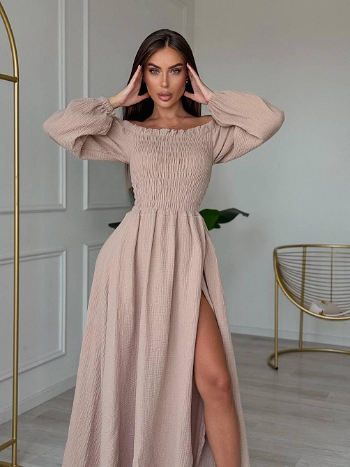 Жіноче романтичне плаття максі з натуральної тканини муслін 100% бавовна Беж, 42/44 Одеса - фото 10