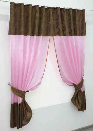 Кухонні штори VR-Textil № 073к з ламбрекеном і підхватами рожевий з коричневим 270х170 см (52-0207) Київ