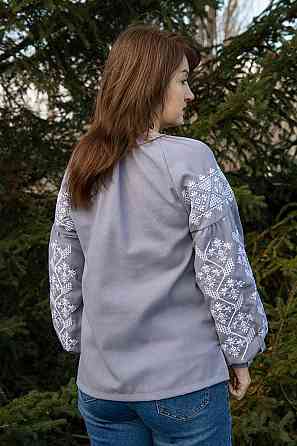 Вышиванка женская с длинным рукавом натуральная льняная, серая  топ Киев