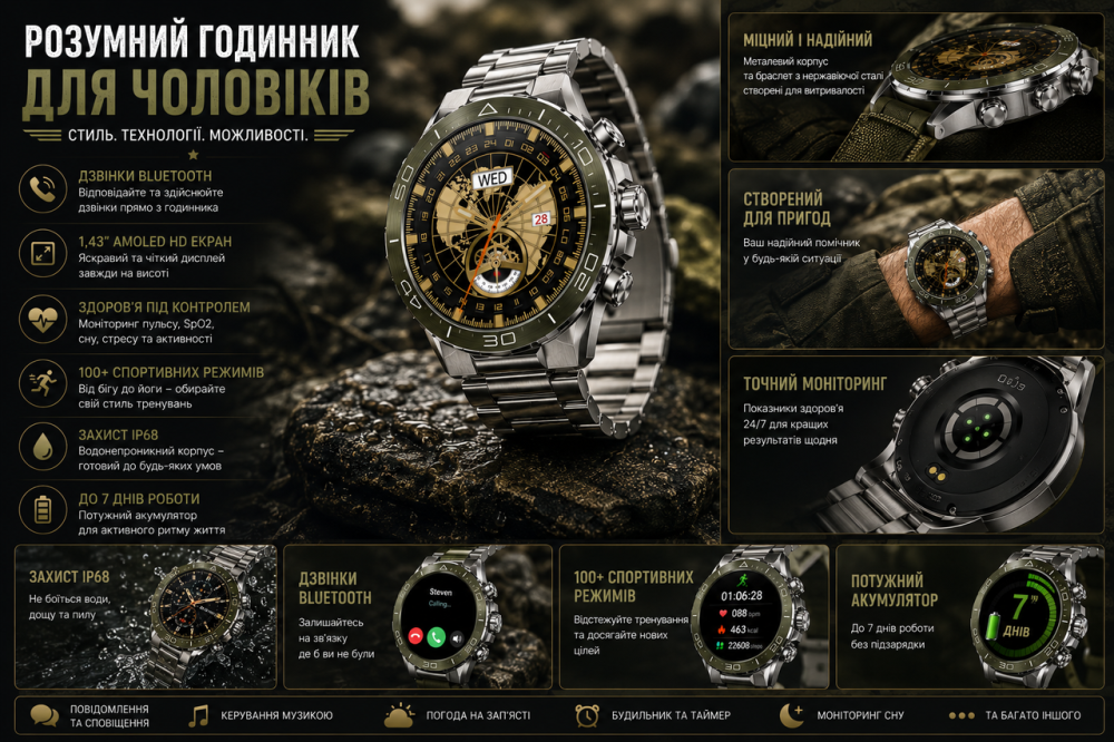 Чоловічий тактичний смарт-годинник Kesasoxe з AMOLED екраном водонепроникний армійський розумний годинник із дзвінками Київ - фото 8