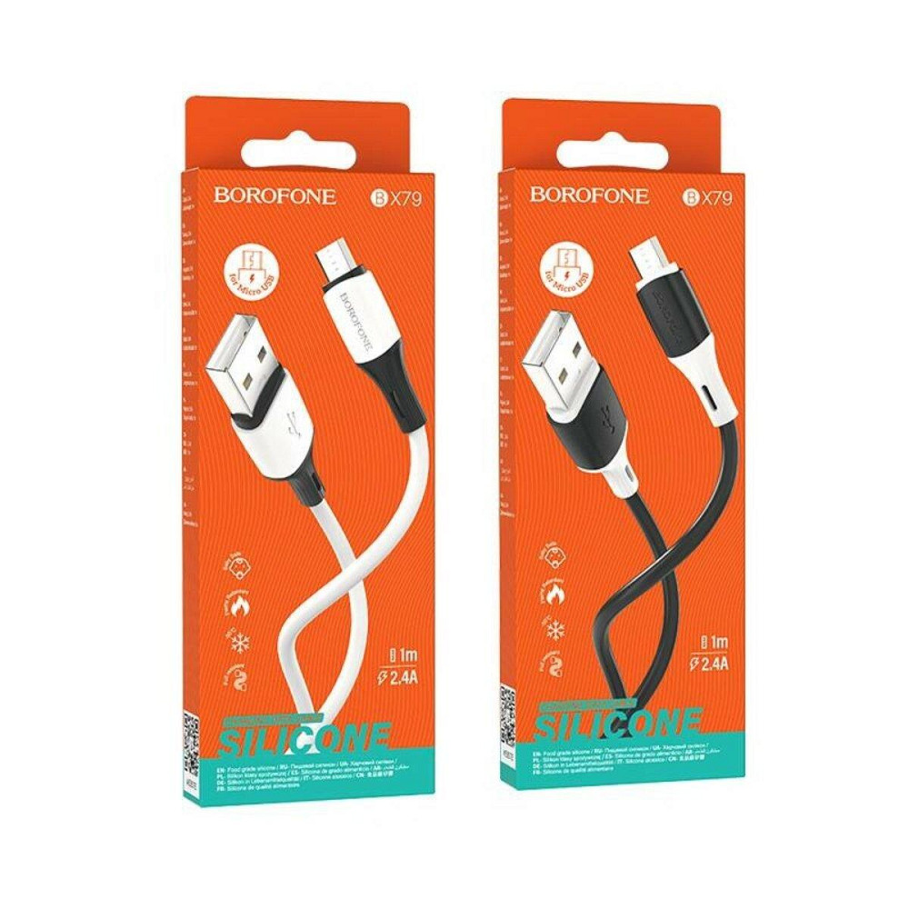 Кабель BOROFONE BX79 USB - Micro 2.4A, 1m, силіконовий, силіконові конектори, колір білий BX79MW Одеса - фото 2