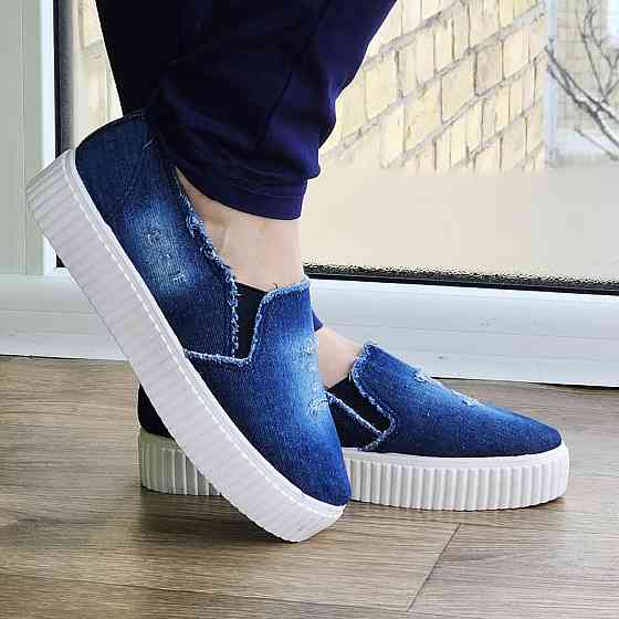 Женские Джинсовые Слипоны Мокасины на Высокой Толстой Подошве (размеры: 36,37,38) - 211 Днепр