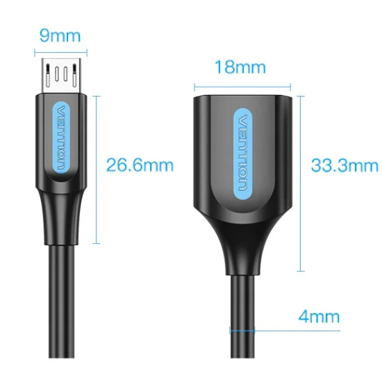 Перехідник USB 2.0 Micro BM --> USB AF (OTG) 0.15 м,  PVC Vention чорний Вінниця - фото 3
