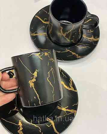 ЧАЙНИЙ НАБІР 2 ЧАШКА 2 БЛЮДЦІ "МРАМОРНА РОЗКОШИЙ" 220 мл Чорна З ЗОЛОТОМ Київ