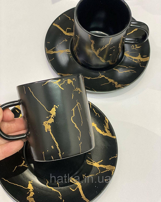 ЧАЙНИЙ НАБІР 2 ЧАШКА 2 БЛЮДЦІ "МРАМОРНА РОЗКОШИЙ" 220 мл Чорна З ЗОЛОТОМ Київ - фото 1