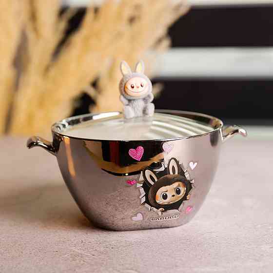 Бульйонниця порцелянова Labubu з кришкою та ручками 800 (мл) Ø15 (см) дитяча тарілка для супу та локшини Сріблястий з сірим FM-34A Київ