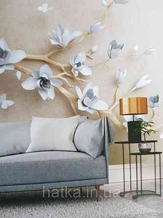 Шпалери вінілові на флізелін гілка блакитні квіти білі 3д Київ