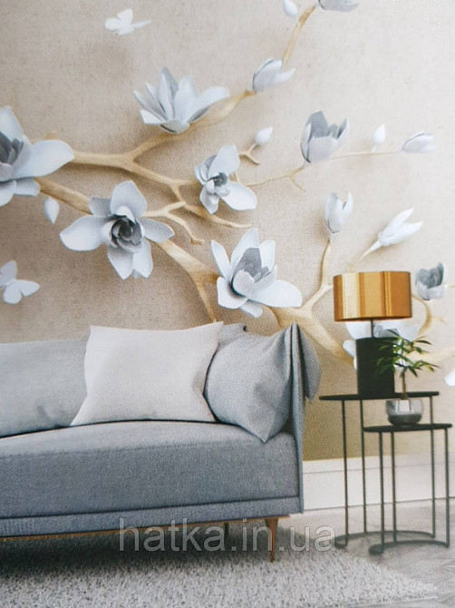 Шпалери вінілові на флізелін гілка блакитні квіти білі 3д Київ - фото 1