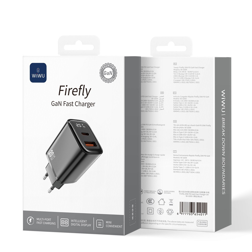 Сетевое зарядное устройство WIWU 20W Firefly GaN Fast Charger 1A+1C with digital display Wi-G009 EU Black Одесса - изображение 2