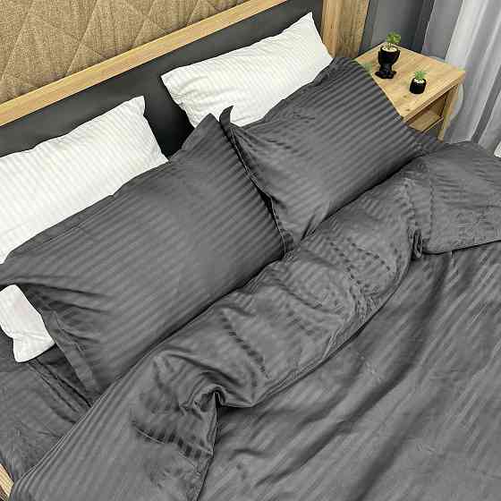 Комплект постельного белья Страйп-сатин Двуспальный 180х220 с простыней на резинке Графитовый (88-096) Киев