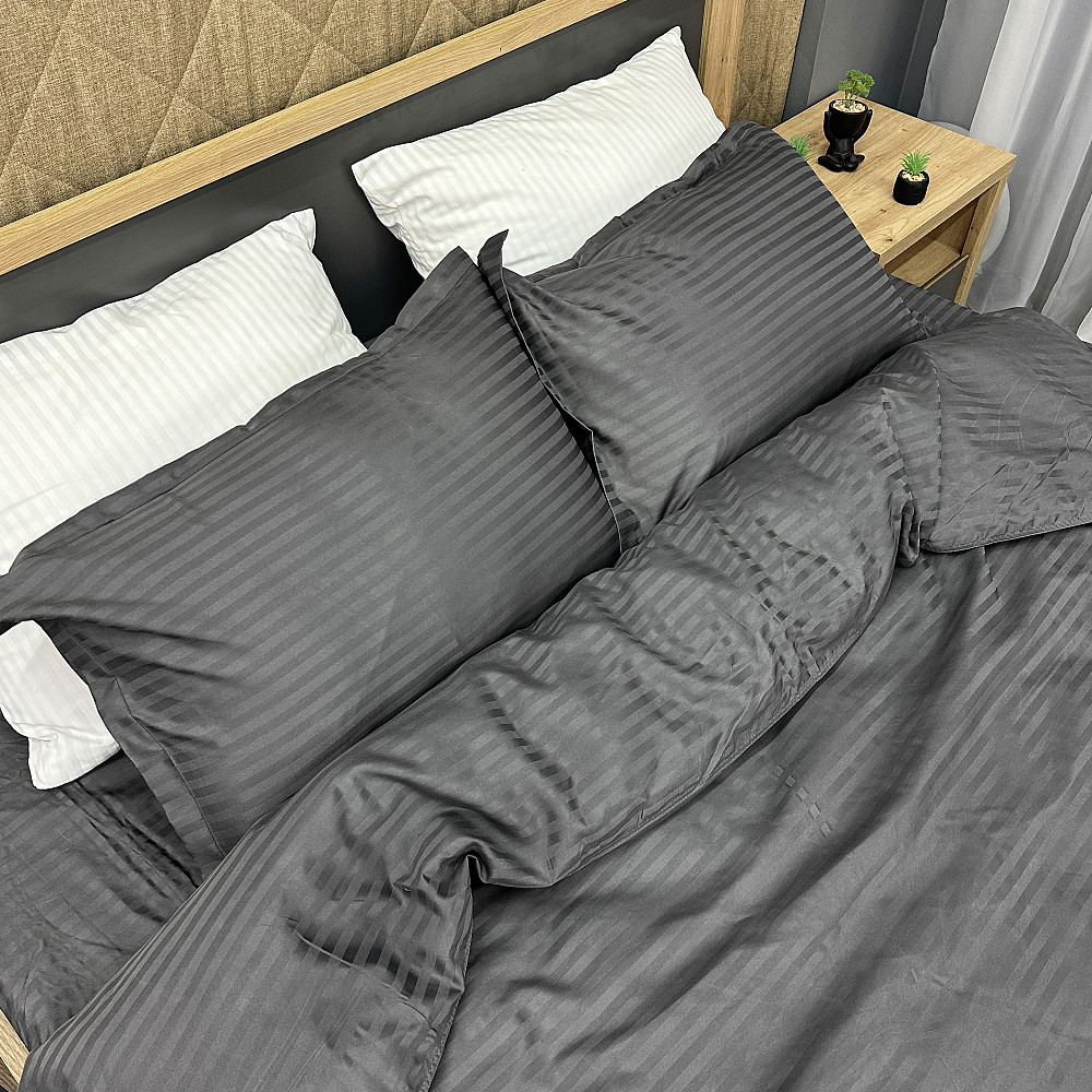 Комплект постельного белья Страйп-сатин Двуспальный 180х220 с простыней на резинке Графитовый (88-096) Киев - изображение 1