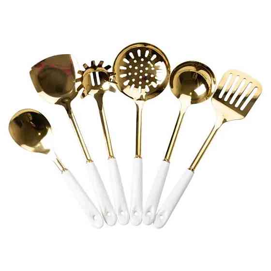 Набір кухонного приладдя 7 предметів на підставці столові прилади з нержавіючої сталі Золото з білим HP-20-7 Коломия