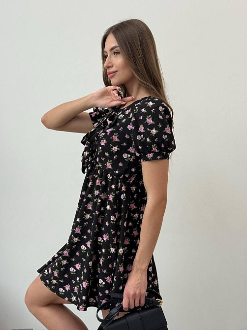 Женское легкое романтическое мини платье в цветочный принт турецкий софт Черный, 42/44 Одесса - изображение 3