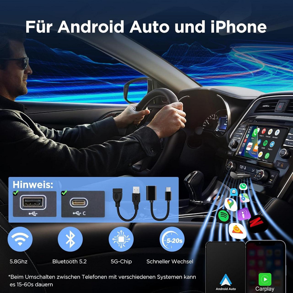 Автомобільний бездротовий адаптер DYUZO 2-в-1 для CarPlay і Android Auto, з позолоченим мідним інтерфейсом, USB-A/USB-C Київ - фото 4