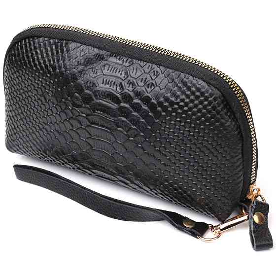 Фактурная женская барсетка из натуральной кожи с тиснением под змею Vintage 22272 Черный Киев