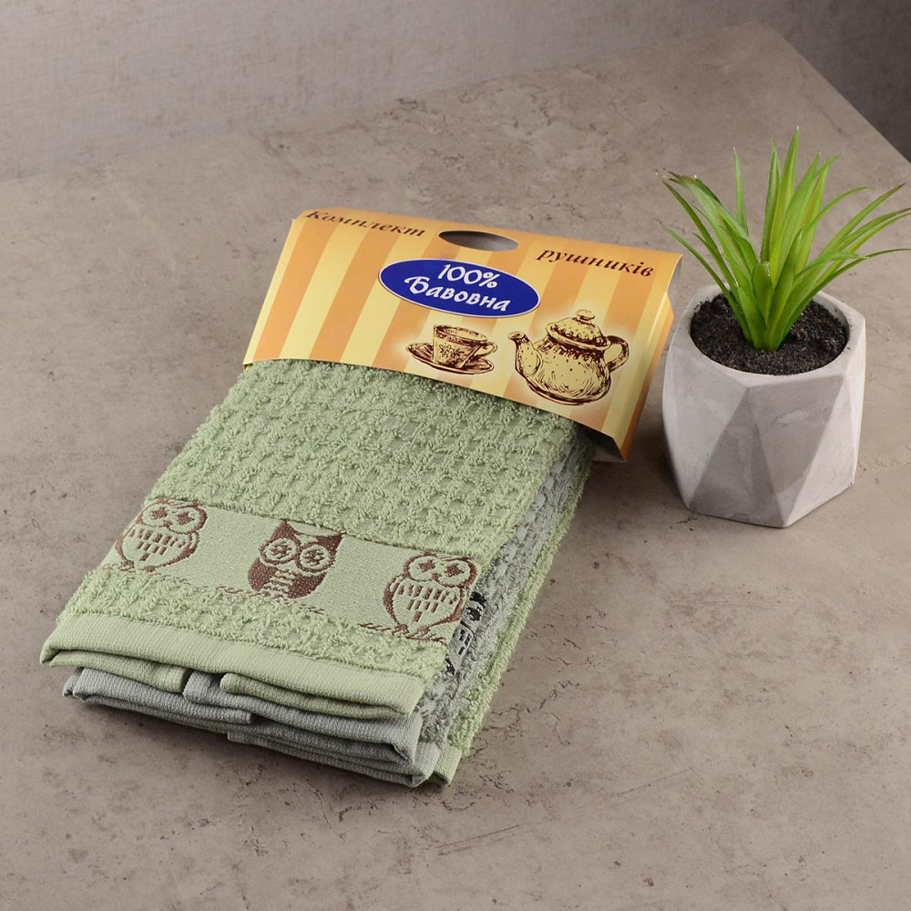 Набір кухонних махрових рушників 2шт GM Textile 30x50см, 30x50см Sova 400г / м2 (Зелений) Суми - фото 3