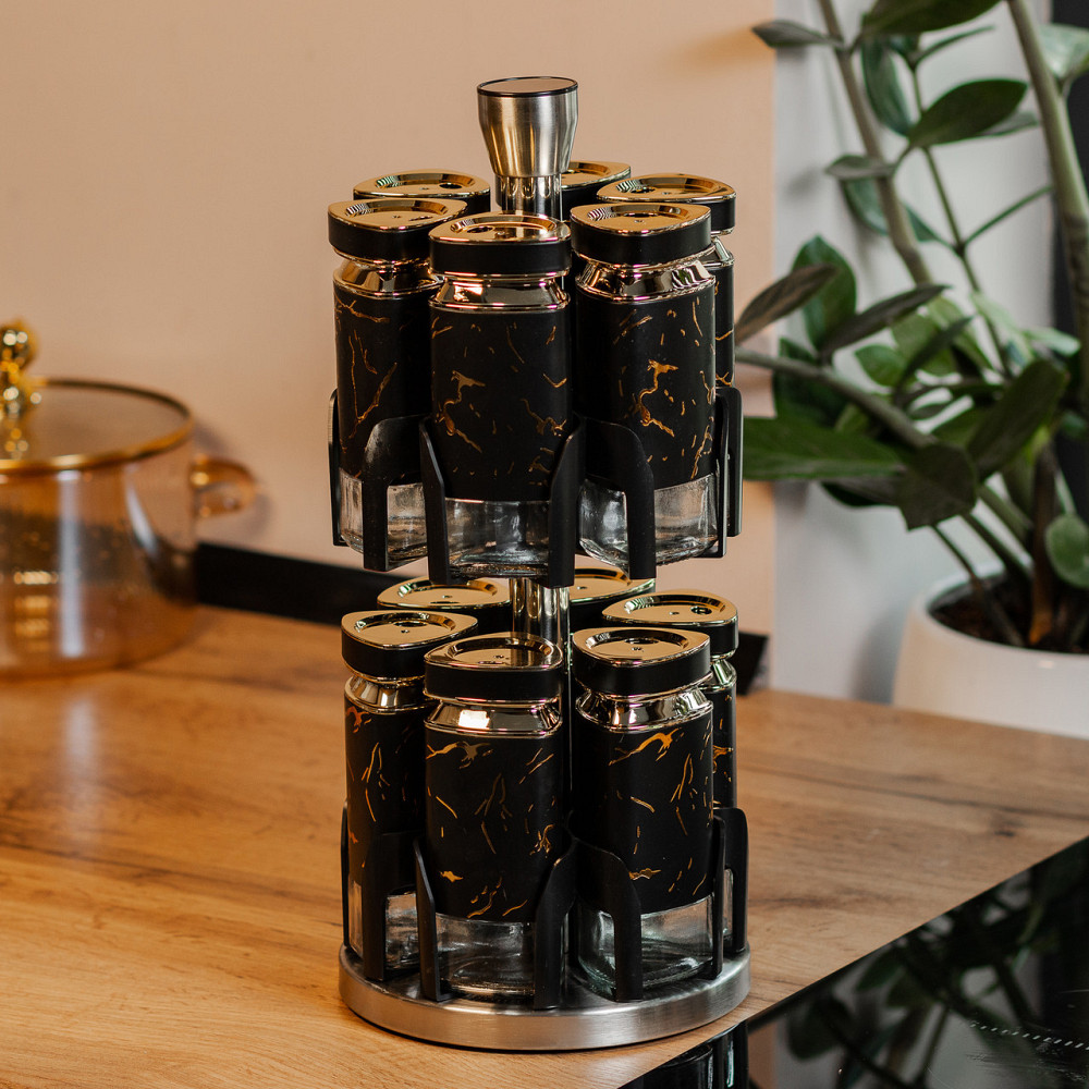 Набір для спецій на підставці, 12 баночок, чорний мармур Київ - фото 4