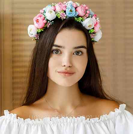 Ободок обруч з квітами "Піони середній біло-рожево-блакитний" Кривий Ріг