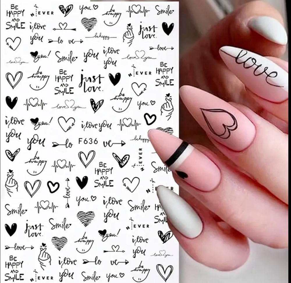 Назва товару: Стікери для нігтів з написами і сердечками, чорні, 1 лист Київ - фото 1