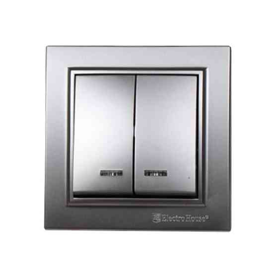 Выключатель двойной с подсветкой, Enzo серебряный камень Днепр