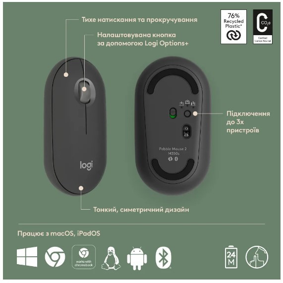 Миша Logitech Pebble Mouse 2 M350s Tonal Graphite (910-007015) (6915626) Киев - изображение 8
