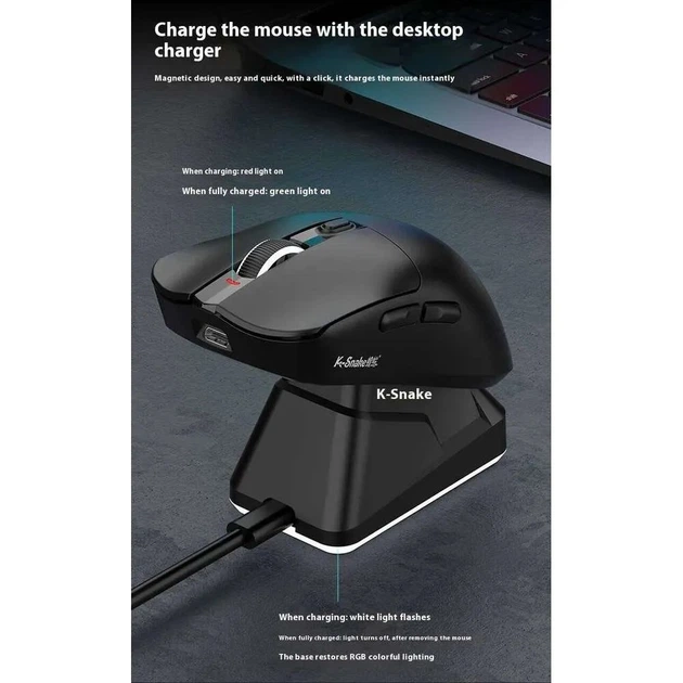 Миша бездротова K-SNAKE X11 Black RGB Dock, 12000 DPI, PixArt PAW3311, 63 г, Bluetooth/2.4GHz/USB-C Київ - фото 9