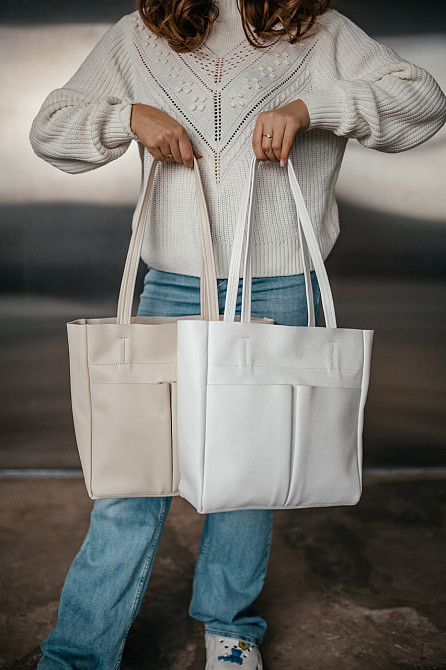 Сумка тоут кожаная большая женская Юта Белая 28*30*12 см, сумка шопер бела стильная с карманамиMasterSem Киев - изображение 7