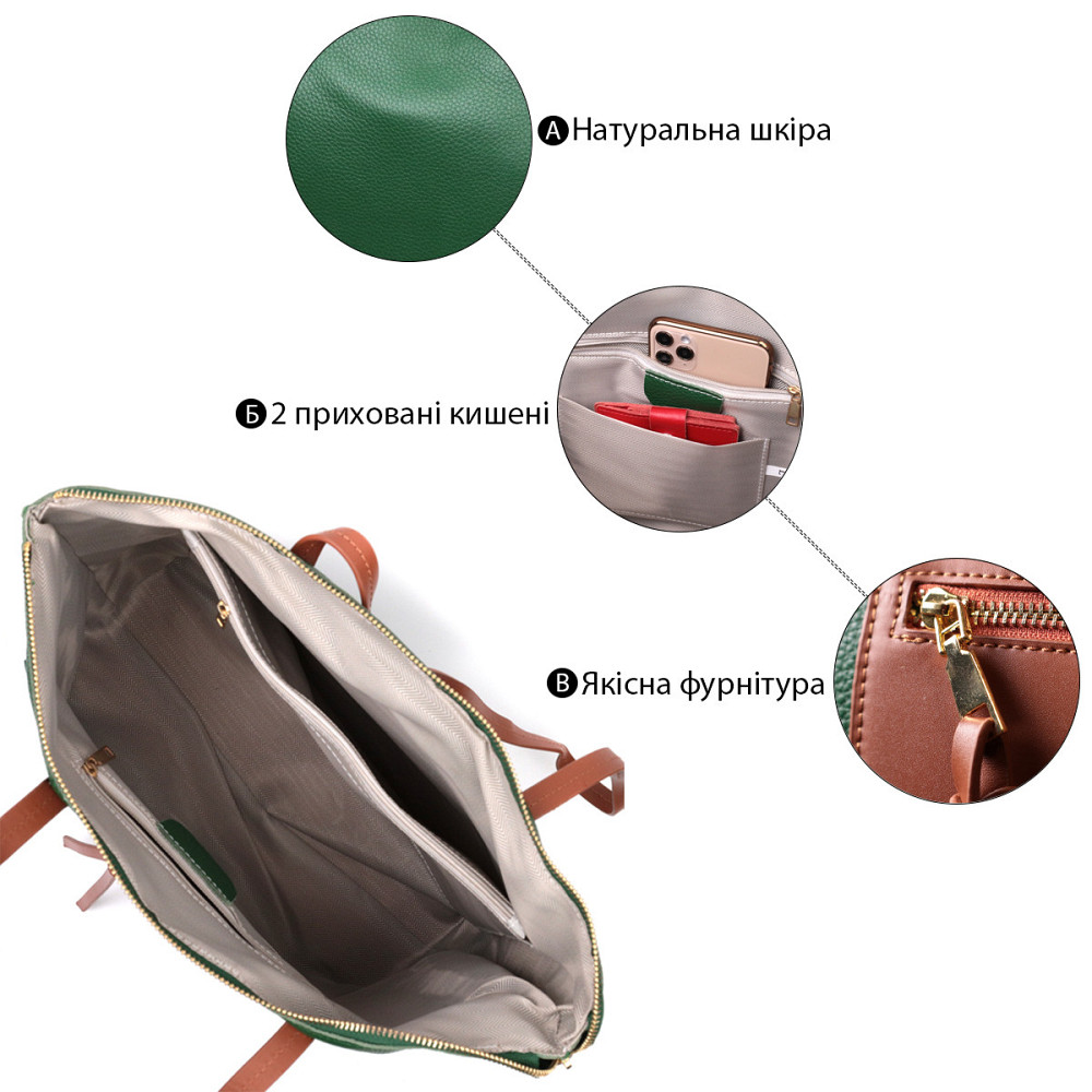 Яскрава двокольорова сумка жіноча з натуральної шкіри Vintage 22302 Зелений Київ - фото 5