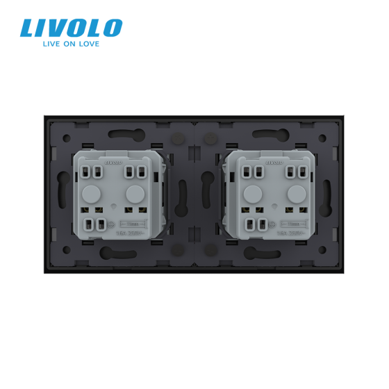 Подвійна електрична розетка з заземленням LIVOLO, чорна, скляна матова рамка, шторки, 250В 16А Коломия