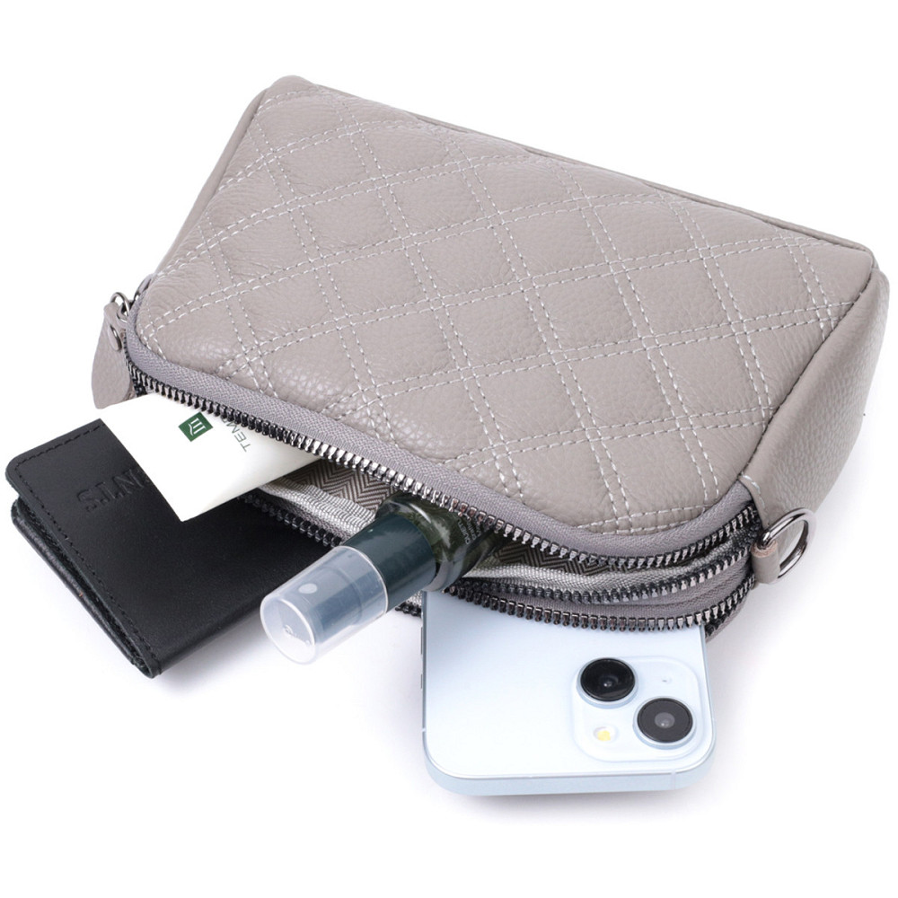 Удобная женская сумка прошита ромбами на лицевой стороне из натуральной кожи Vintage 22810 Серый Киев - изображение 10