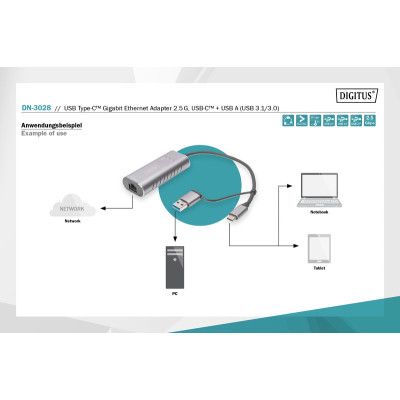 Перехідник USB-C + USB 3.0 to RJ45 2500Mbps Ethernet Digitus (DN-3028) Вінниця - фото 3