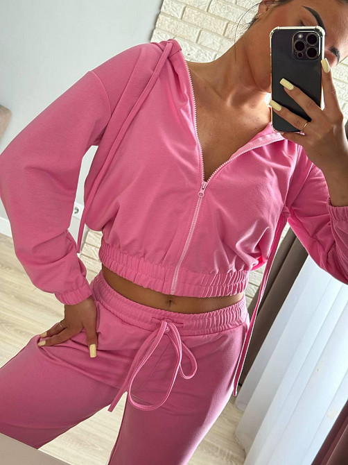 Женский повседневный прогулочный костюм тройка: кофта топ и штаны двунить 46/48, Розовый Одесса - изображение 2