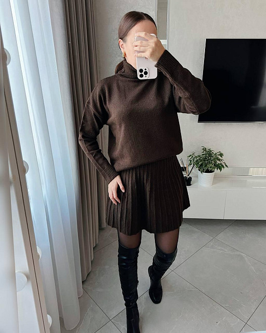 Женский уютный теплый костюм: свитер и юбка мелкая машинная вязка Одесса - изображение 3