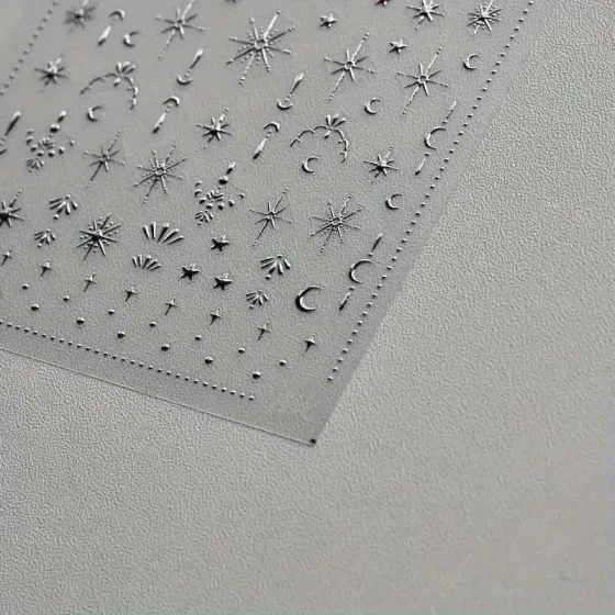 3D наклейки для нігтів сріблясті – зорі, місяць і сонце, блискучий декор для манікюру Київ