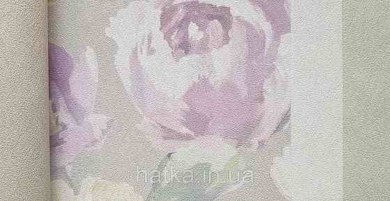 Обои виниловые на флизелине Grandeco Universe 5 цветы пионы крупные яркие сиреневые на сером Київ