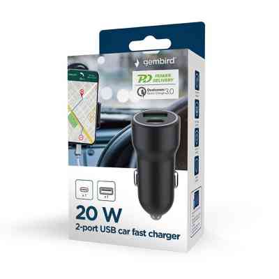 Зарядний пристрій Gembird 1xUSB-A (18W QC3.0) + 1xUSB-C (20W PD) black (TA-UC-A2PDQC20-CAR-01) Вінниця