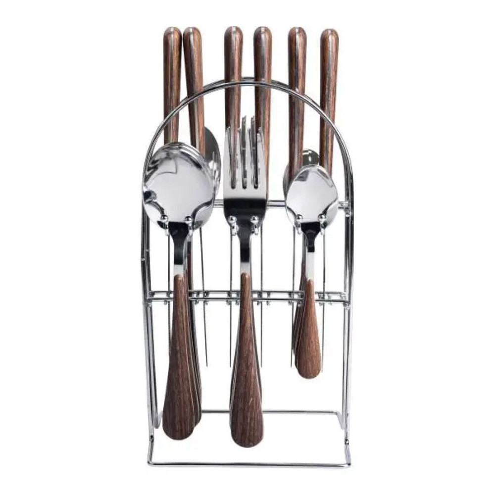 Набір столових приборів на 6 персон з дерев'яними ручками на підставці столові прибори 24 шт Срібло HP-20-1 Коломия - фото 4