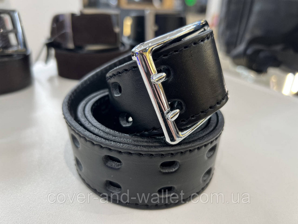 Черный мужской перфорированный ремень с пряжкой на две спицы 40 мм PS Leather Киев - изображение 2