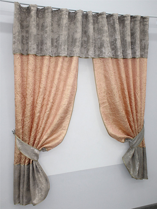 Кухонные шторы VR-Textil № 073к с ламбрекеном и подхватами персиковый с кофейно-серым 275х170 см (52-0476) Киев - изображение 2