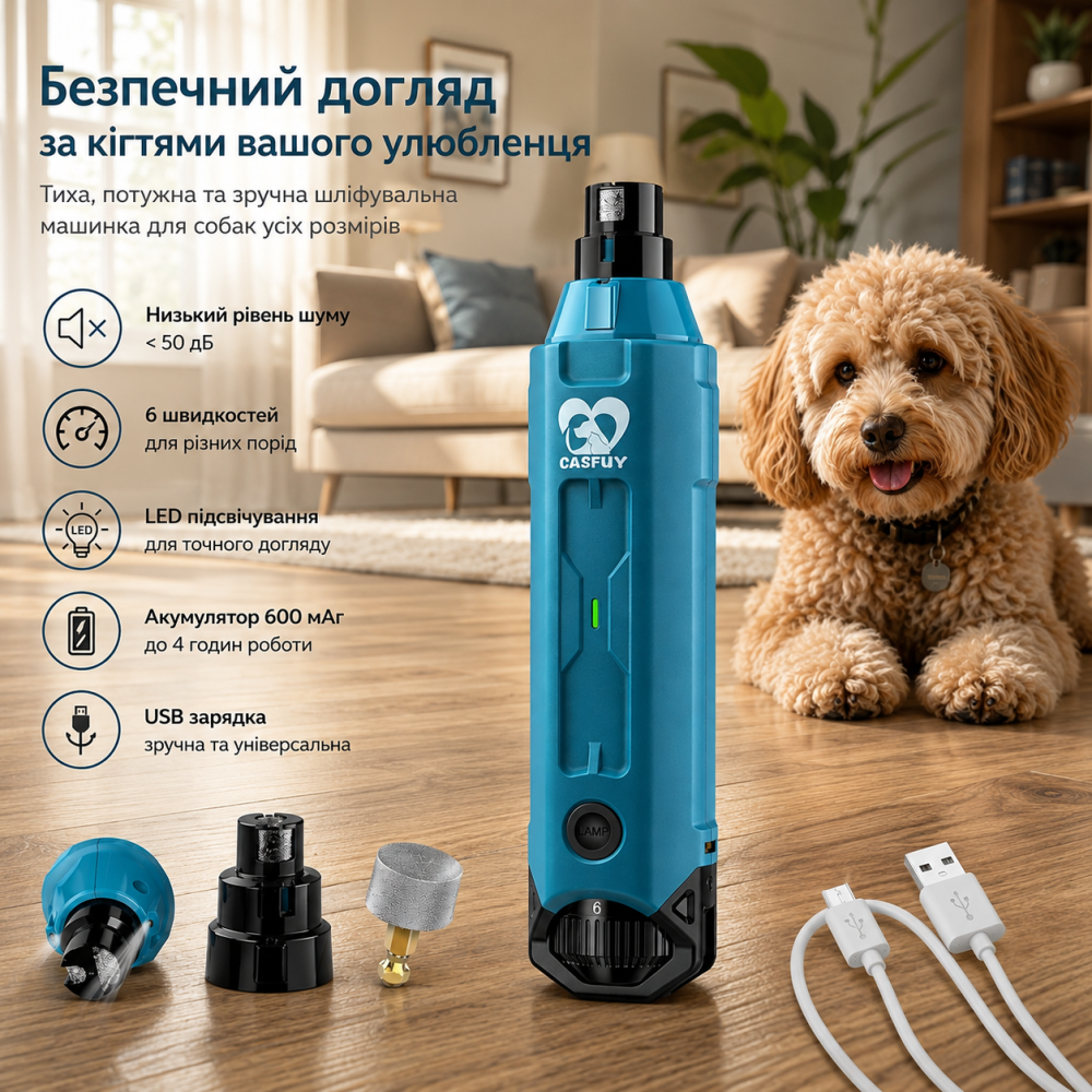 Машинка для шлифовки когтей собак Casfuy 6 скоростей, LED подсветка, USB, аккумуляторная, для маленьких, средних и больших собак Киев - изображение 1