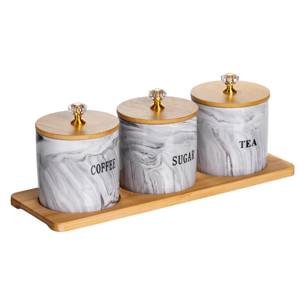 Набір порцелянових банок для сипучіх на підставці 3 шт. по 250 (мл) для чаю кави цукру Сірий SCT-664 Київ - фото 3