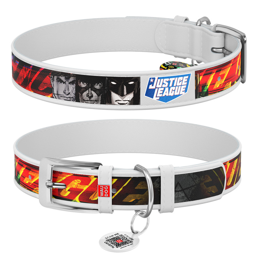 Нашийник для собак шкіряний WAUDOG Design з QR паспортом, малюнок "Ліга справедливості", Ш 35 м Коломыя - изображение 1