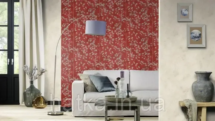 Обои виниловые на флизелине Rasch Clasik 0,53х10 листья ветки серебристые на бордовом Киев - изображение 1