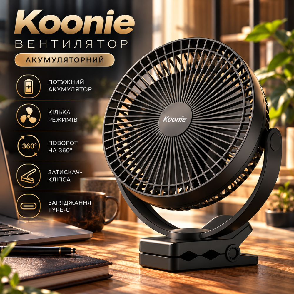 Вентилятор Koonie 10000 мА·год, 8 дюймів, акумуляторний USB, 4 режими, затискач-кліпса, поворот 360°, чорний Київ - фото 1