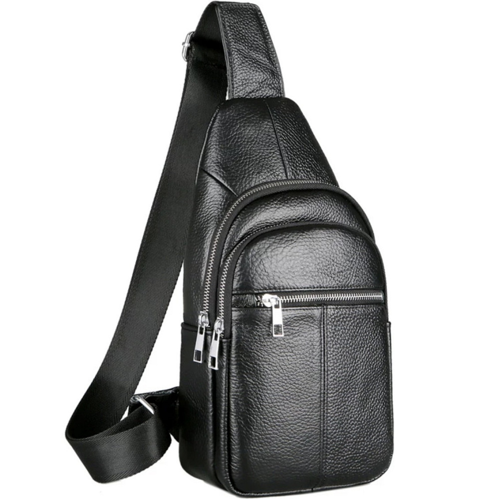 Мужской нагрудный кожаный слинг 18х32х7, сумка-рюкзак через плечо TIDING BAG-MK 83423 черная Киев - изображение 1