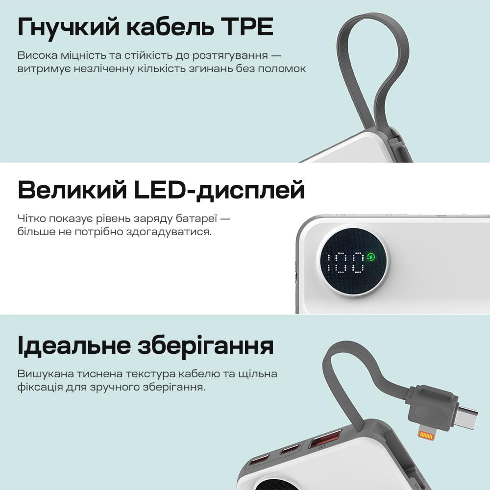 Повербанк 10000mAh Choetech B695 White QC3.0 PD3.0 бездротова зарядка смартфонів та Apple Watch (43-00143) Київ - фото 10