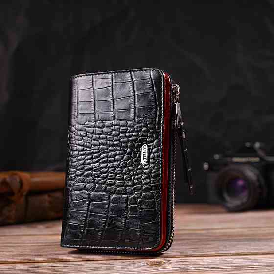 Стильне жіноче портмоне середнього розміру з натуральної шкіри з тисненням під крокодила Чорне (CANPELLINI) Київ