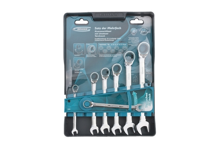 Набір ключів комбінованих з тріскачкою, 8 - 19 мм, 7шт., реверсивні, CrV GROSS Полтава - фото 1